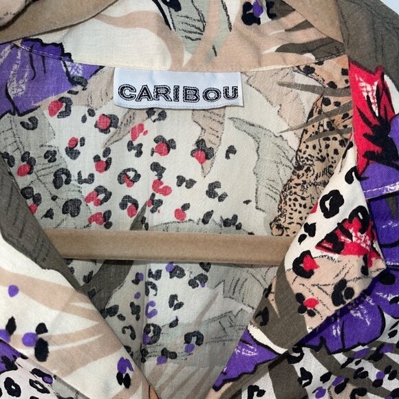 Caribou Vintage Womens Camp Shirt Size Large Cheetah Floral Print Button Down - Picture 5 of 10